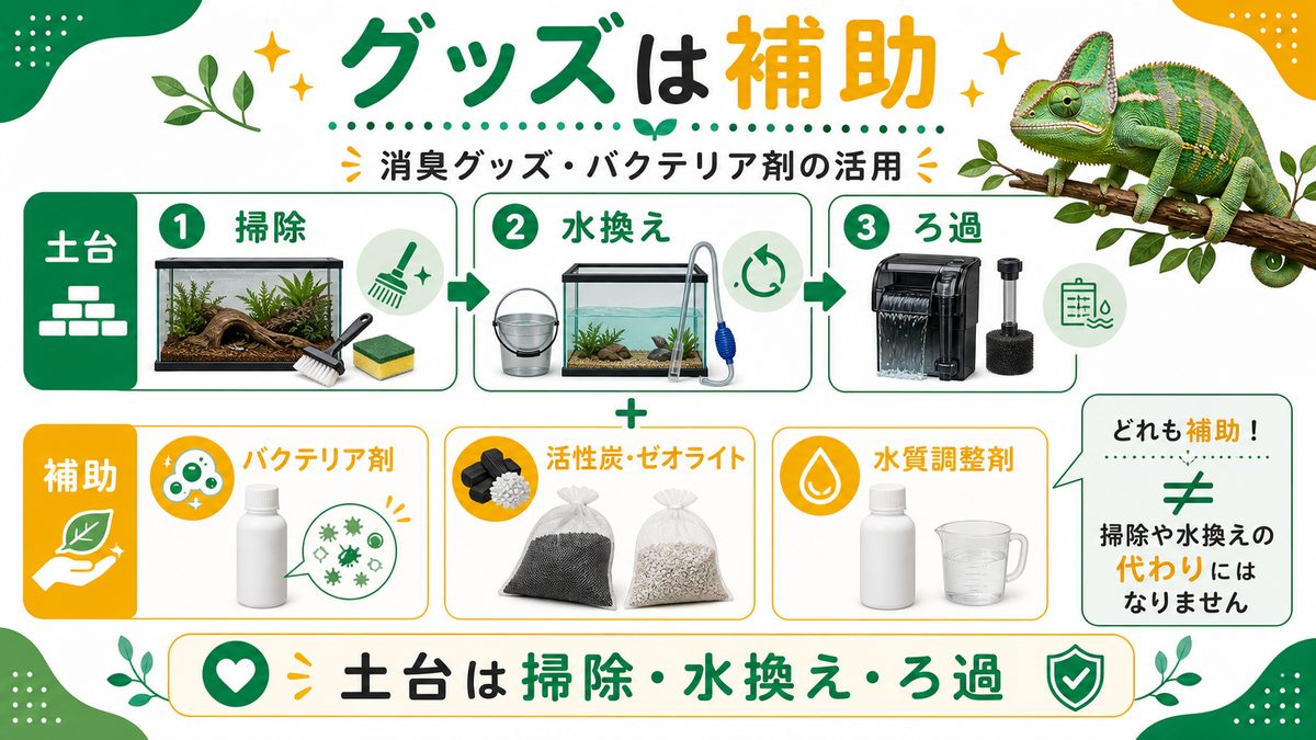 消臭グッズ・バクテリア剤の活用の要点をまとめたカメレオン・爬虫類飼育インフォグラフィック