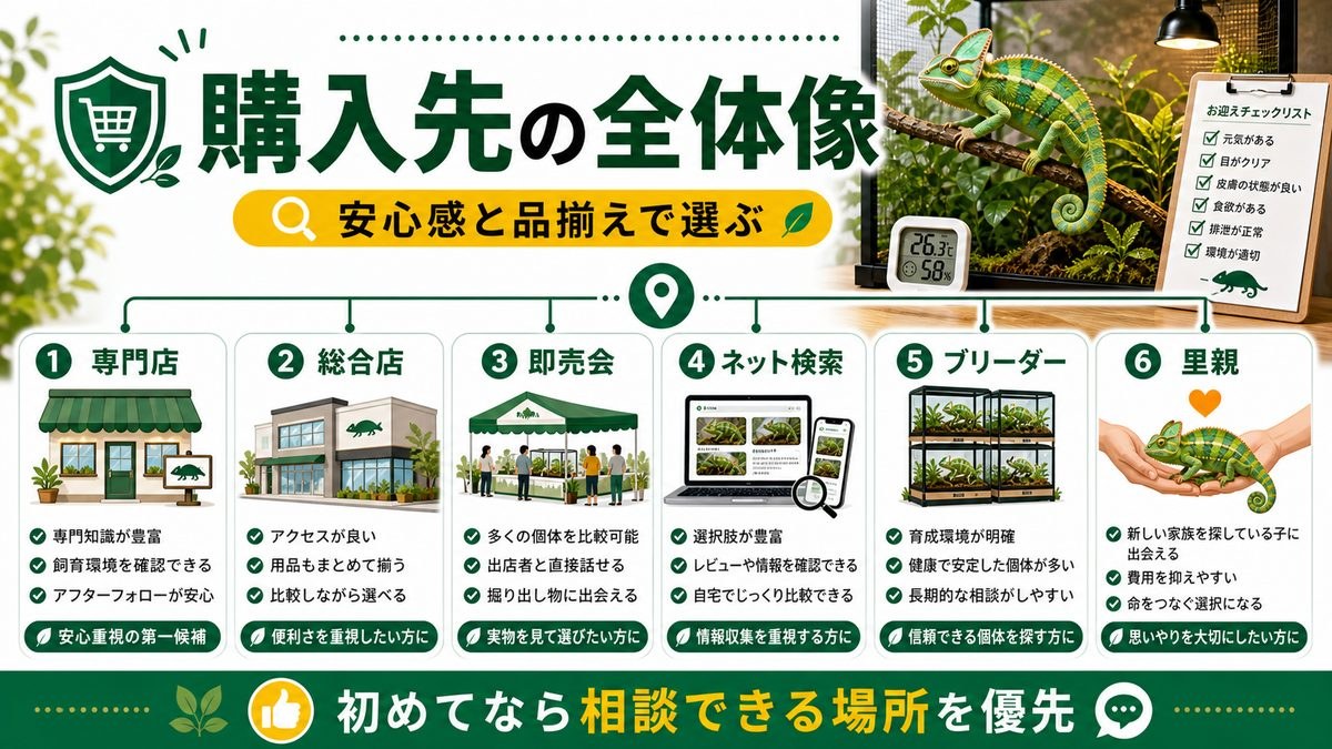 カメレオンはどこで買える?購入先の種類の要点をまとめたカメレオン・爬虫類飼育インフォグラフィック
