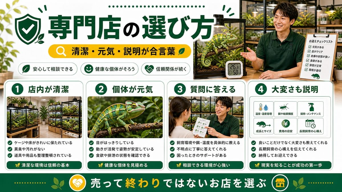 爬虫類専門店で買うメリット・選び方の要点をまとめたカメレオン・爬虫類飼育インフォグラフィック