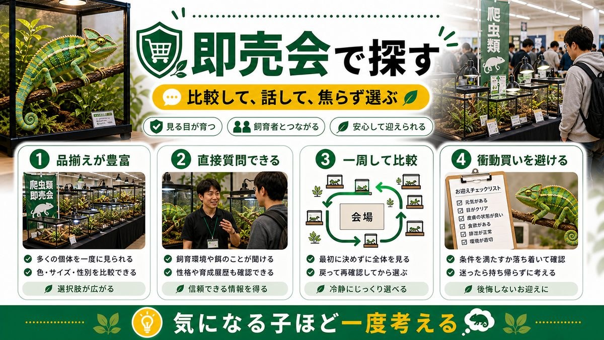 即売会・レプタイルショーで探すの要点をまとめたカメレオン・爬虫類飼育インフォグラフィック