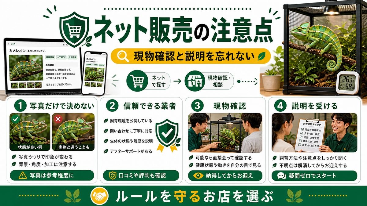 通販・ネット販売の注意点と法律の要点をまとめたカメレオン・爬虫類飼育インフォグラフィック