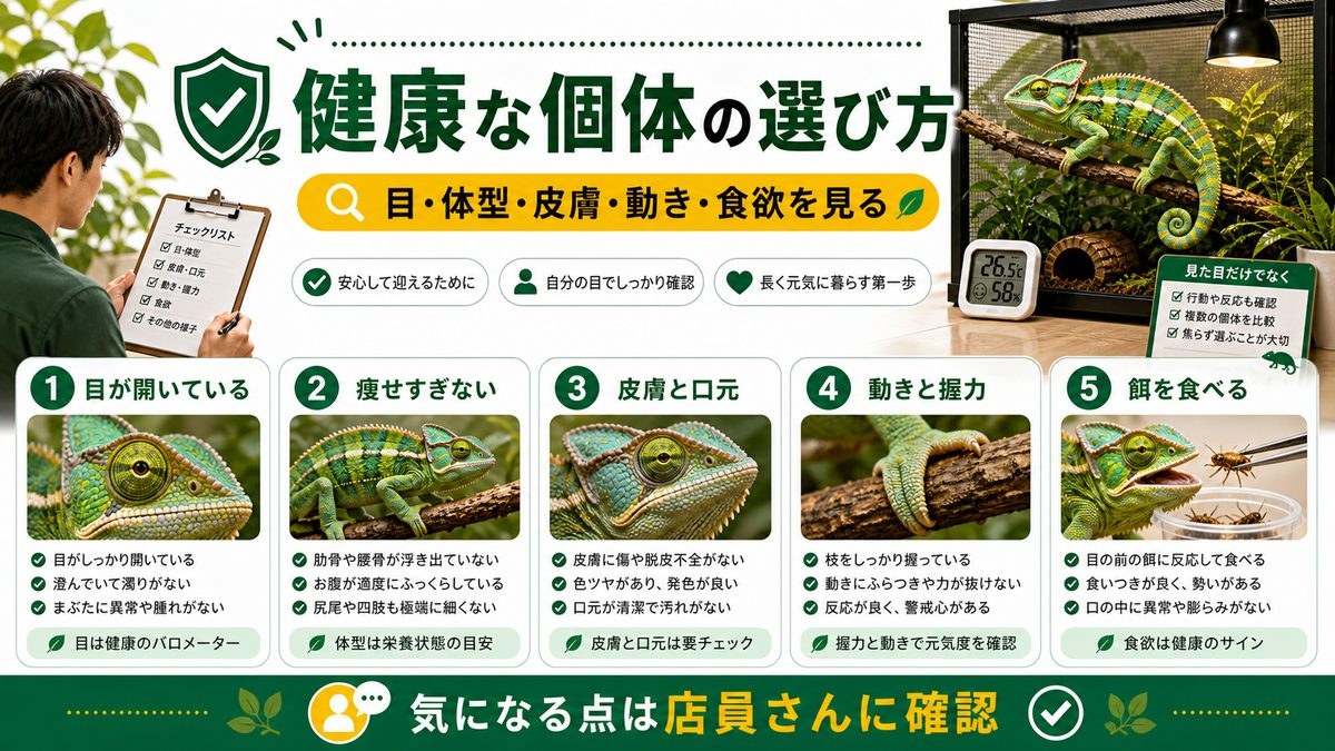 健康なカメレオンの個体の選び方の要点をまとめたカメレオン・爬虫類飼育インフォグラフィック
