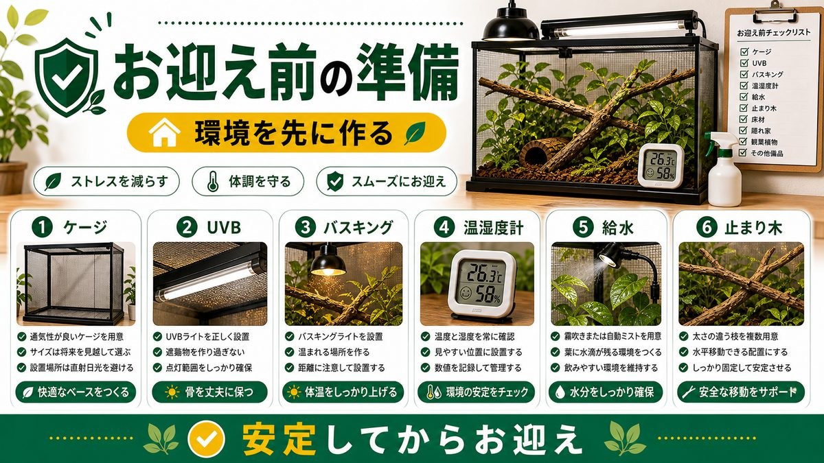 お迎え前に準備すること・衝動買いを避けるの要点をまとめたカメレオン・爬虫類飼育インフォグラフィック
