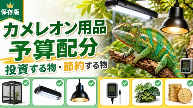 カメレオン飼育用品はどこにお金をかける？妥協OK・NGを完全仕分け！後悔しない予算配分と賢い買い物術の要点を伝えるカメレオン・爬虫類記事アイキャッチ画像