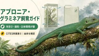 アブロニア・グラミネアが枝にとまり、冷涼な環境・通気・立体レイアウト・CITESを示す飼育ガイド図解