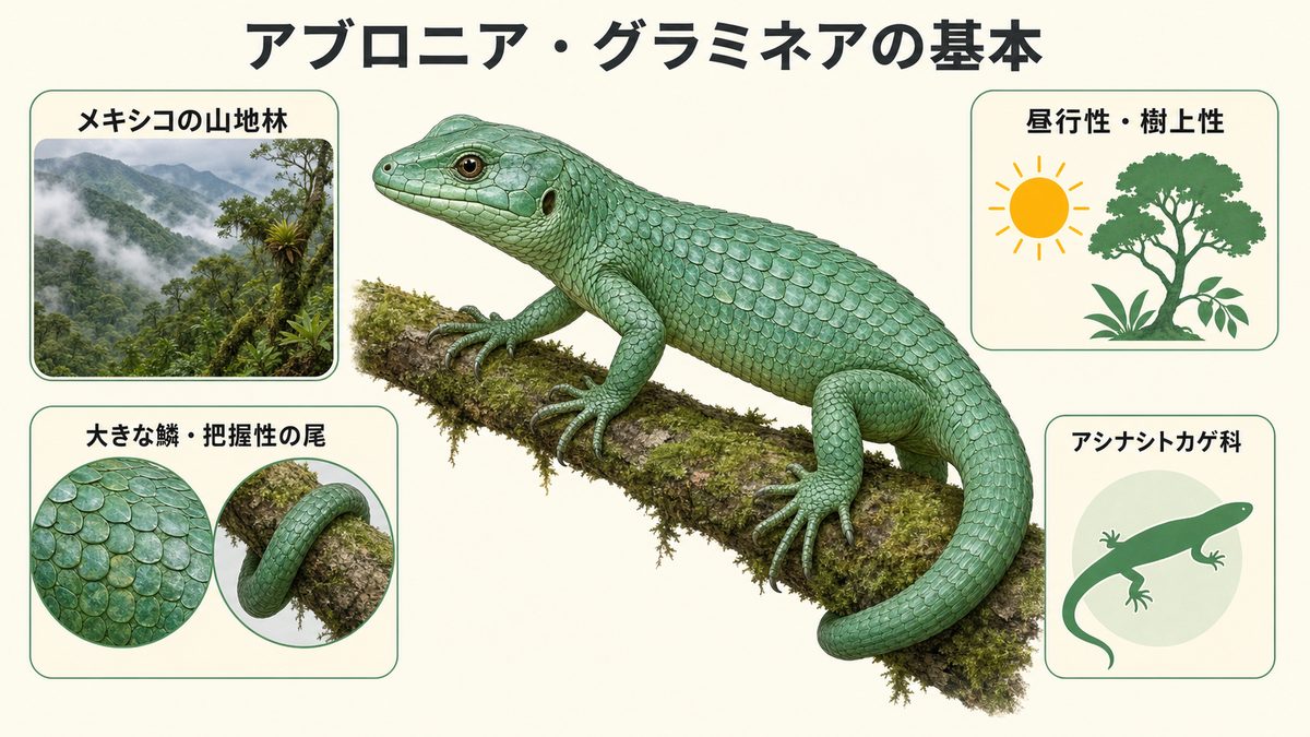 アブロニア・グラミネアの山地林・昼行性・樹上性・大きな鱗・把握性の尾をまとめた基本情報図解