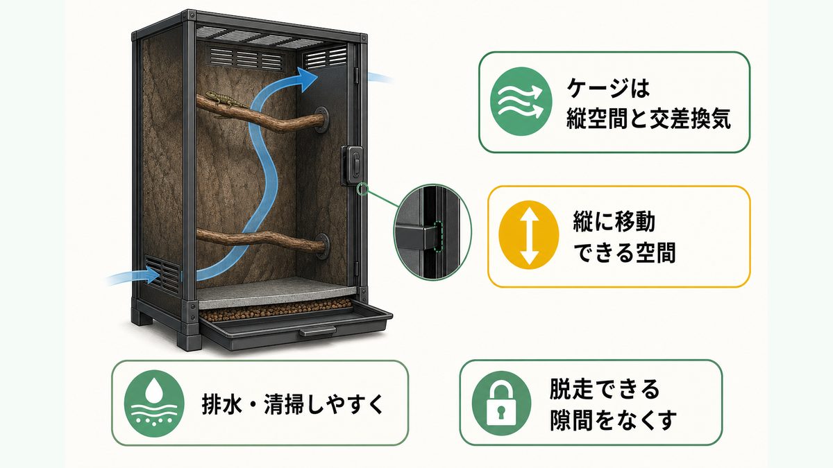 アブロニア・グラミネアのケージに必要な縦空間・交差換気・排水・脱走防止を示す構造図
