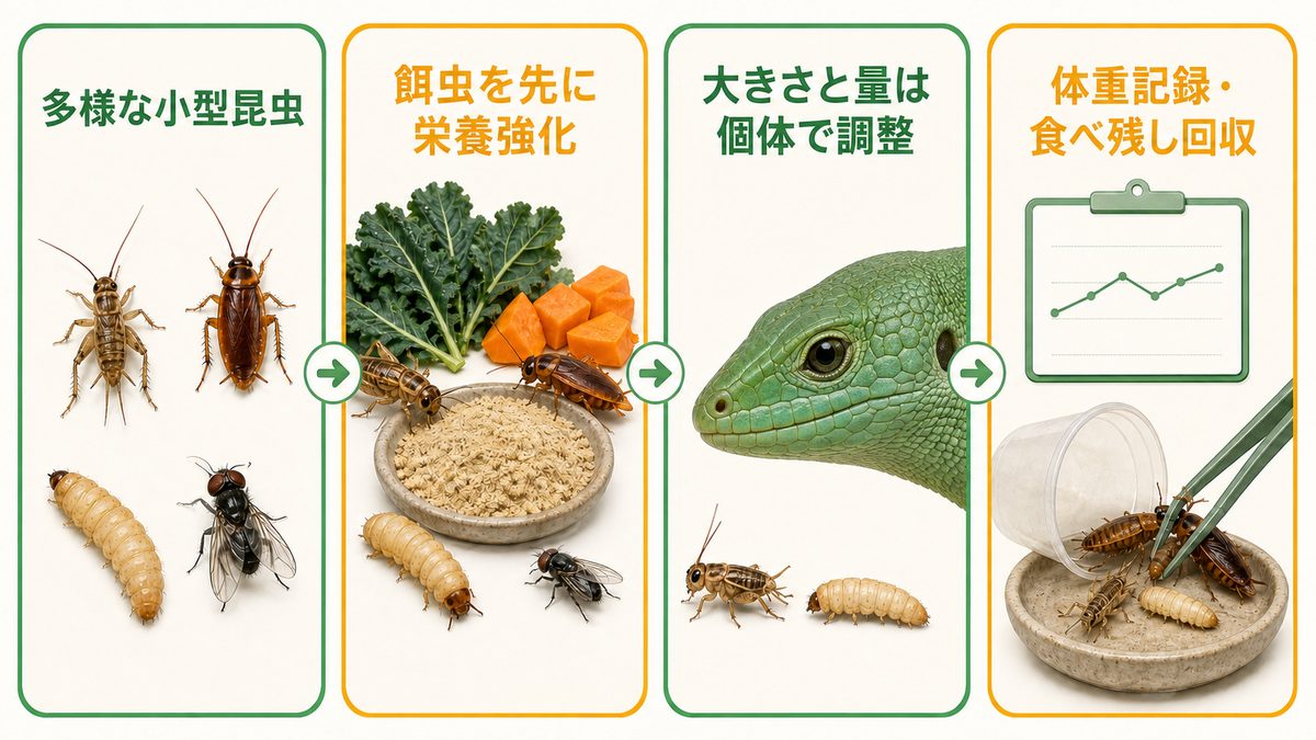 アブロニア・グラミネアの小型昆虫・餌虫の栄養強化・個体別の量・体重記録・食べ残し回収を示す図解