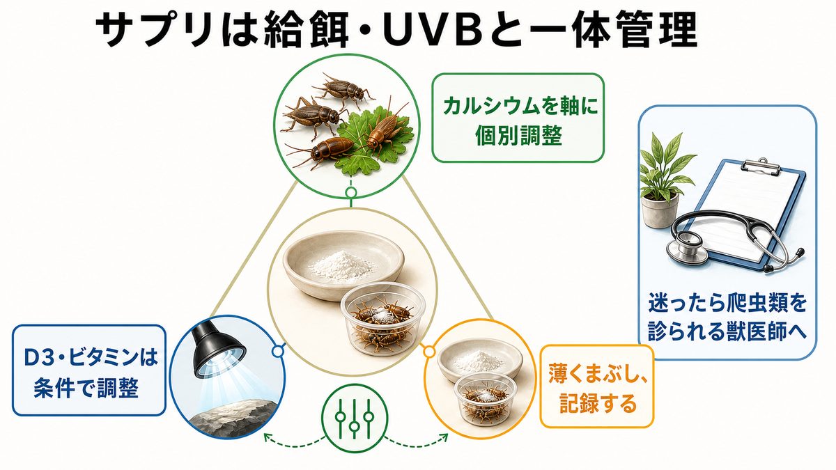 給餌・UVB・カルシウム・ビタミンD3・総合ビタミンを一体で考える個別サプリ管理図解