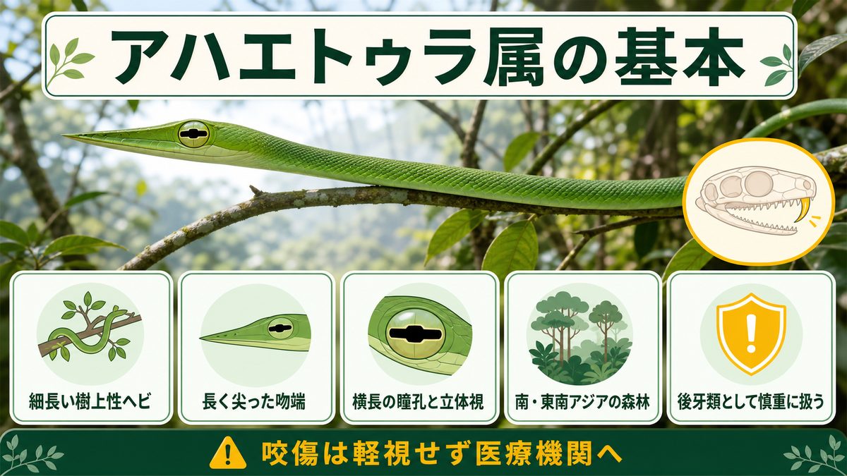 アハエトゥラ属（Ahaetulla）の基本情報の要点をまとめたカメレオン・爬虫類飼育インフォグラフィック