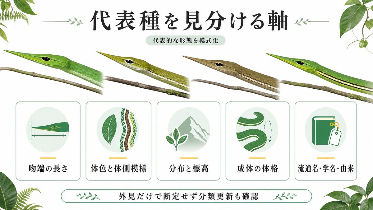 代表種の紹介と比較の要点をまとめたカメレオン・爬虫類飼育インフォグラフィック
