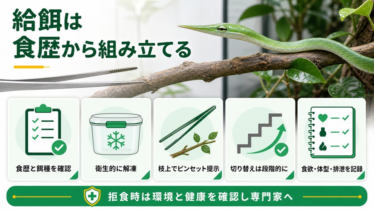 給餌と栄養：ヤモリ食からの馴致が成功のカギの要点をまとめたカメレオン・爬虫類飼育インフォグラフィック