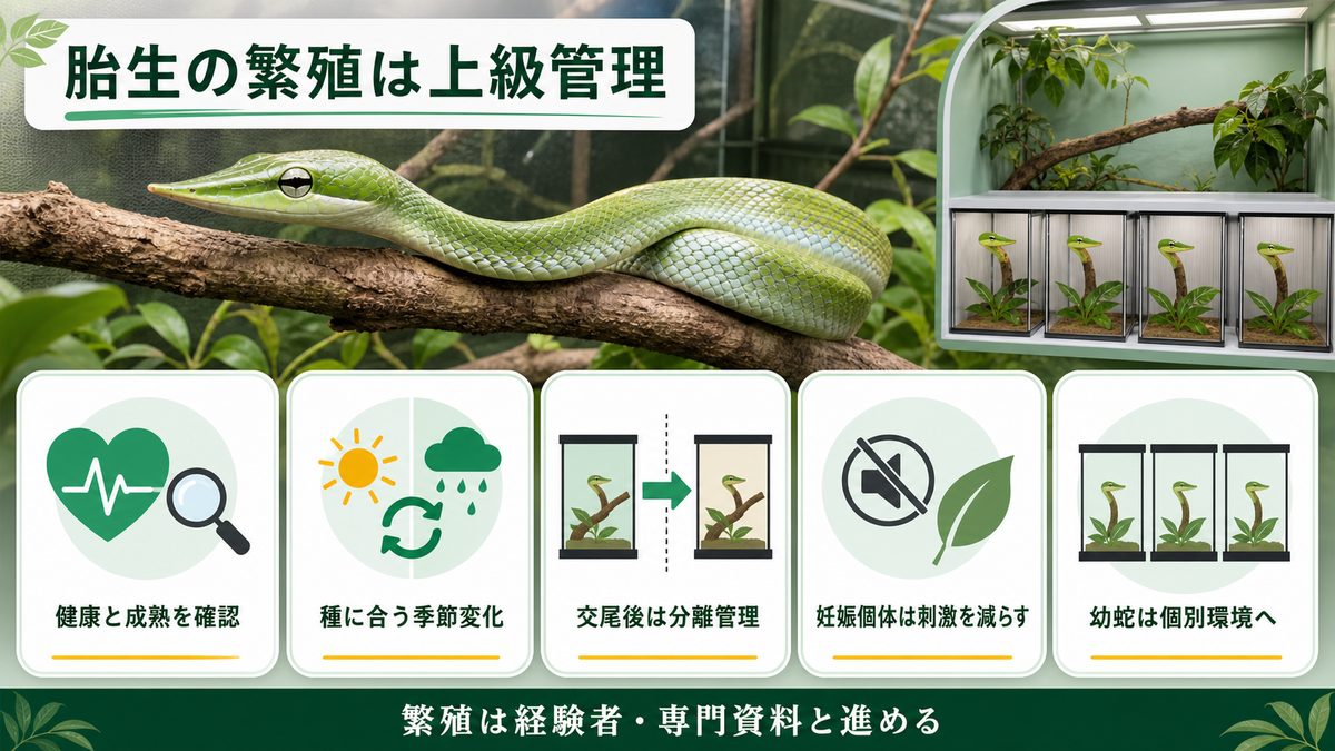 繁殖：卵胎生の神秘と幼蛇の管理の要点をまとめたカメレオン・爬虫類飼育インフォグラフィック