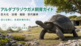 屋外施設を歩くアルダブラゾウガメと「アルダブラゾウガメ飼育ガイド」の文字