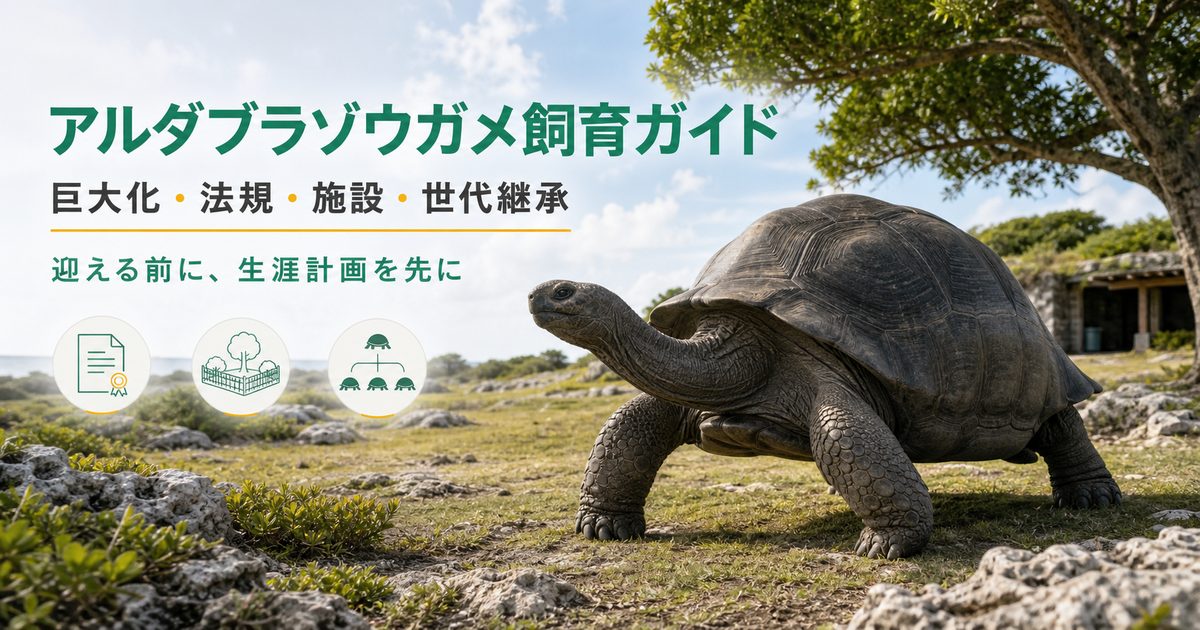 屋外施設を歩くアルダブラゾウガメと「アルダブラゾウガメ飼育ガイド」の文字