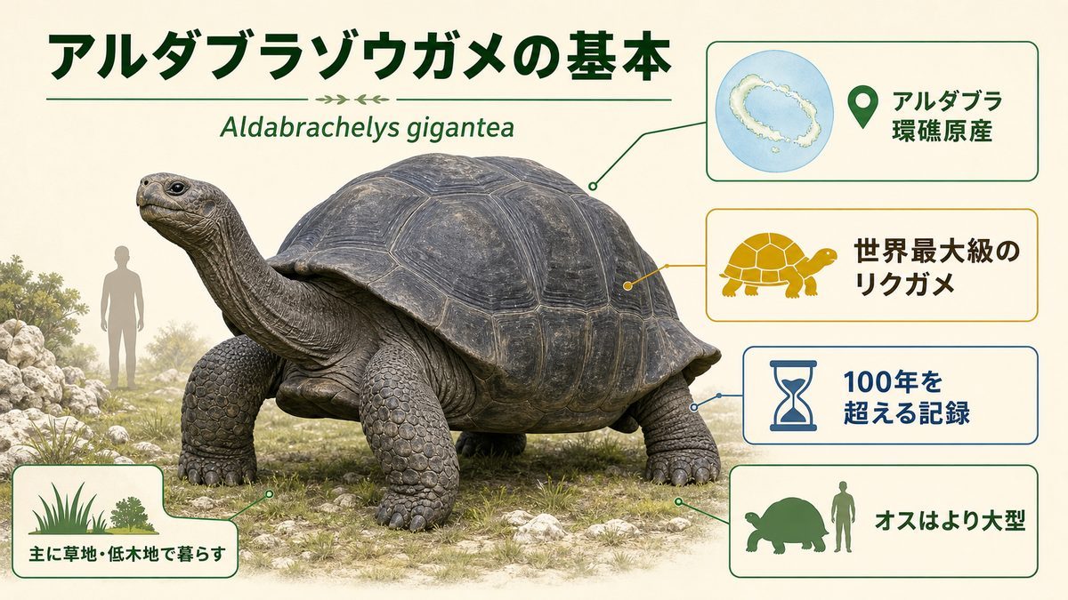 アルダブラゾウガメの原産地・世界最大級・100年超の記録・オスの大型傾向を示す図
