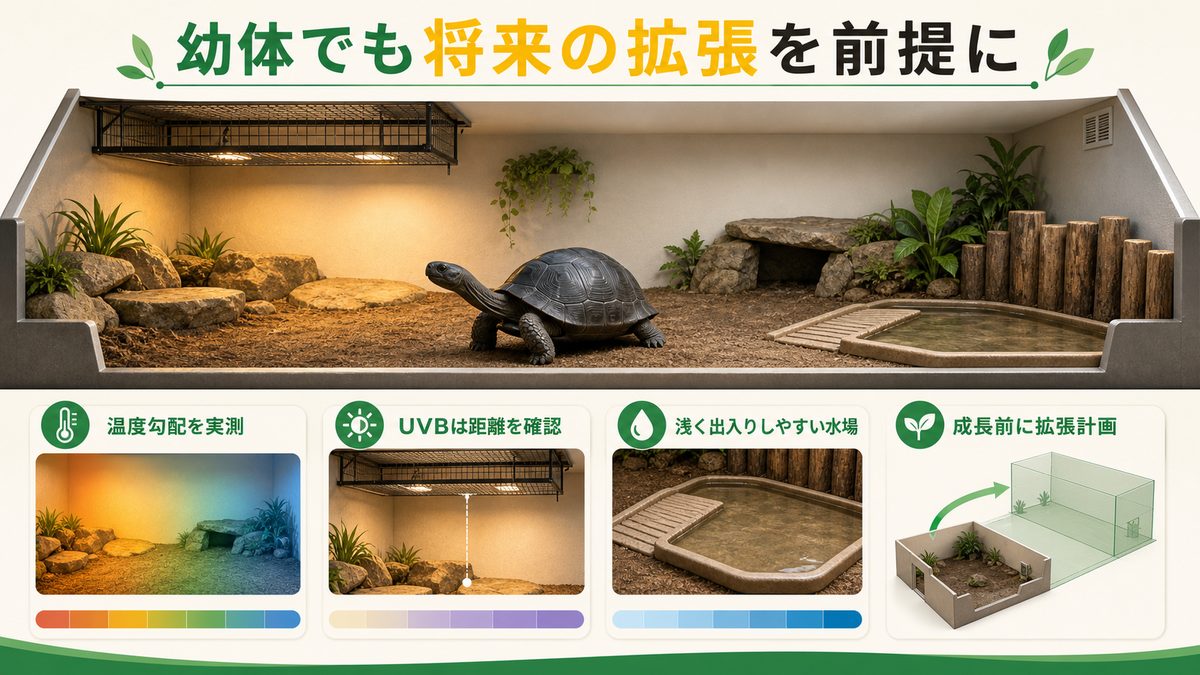 アルダブラゾウガメ幼体の温度勾配・UVB・浅い水場・将来の施設拡張を示す飼育環境図