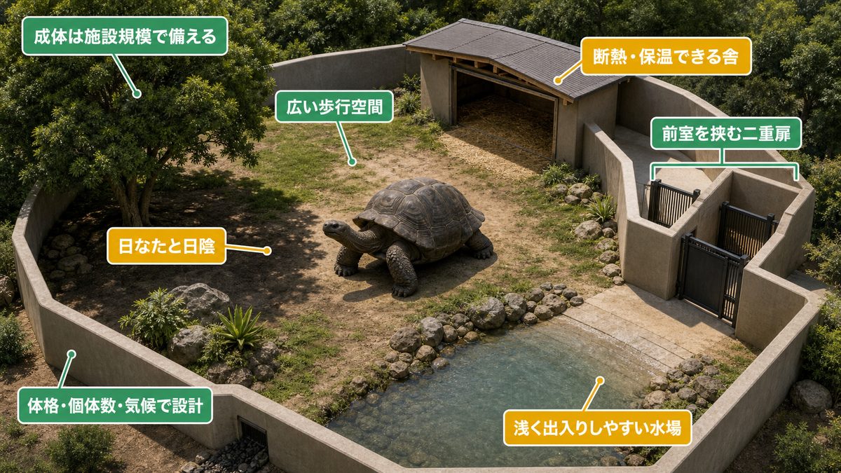 アルダブラゾウガメ成体の歩行空間・前室付き二重扉・保温舎・浅い水場を示す屋外施設図