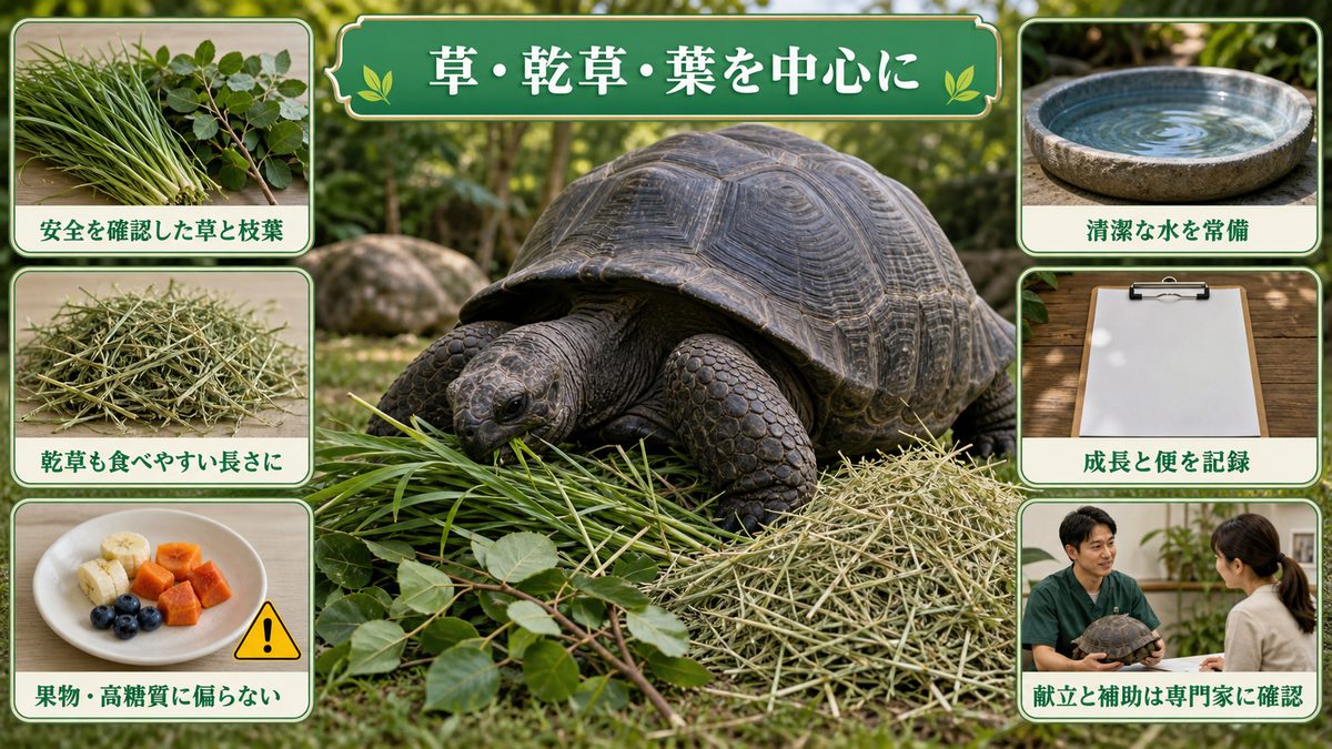 アルダブラゾウガメが草・乾草・安全な枝葉を食べる給餌と水・記録・専門家確認の図