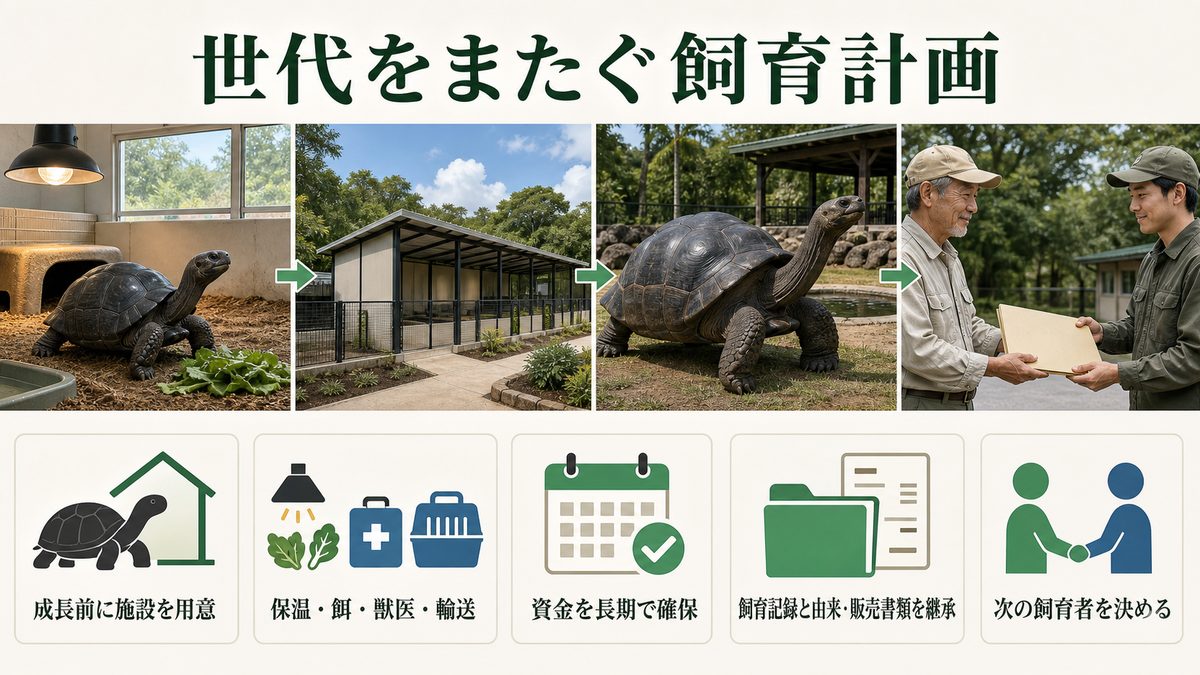 幼体から成体施設、飼育記録と由来・販売書類、次の飼育者へ続く長期飼育計画
