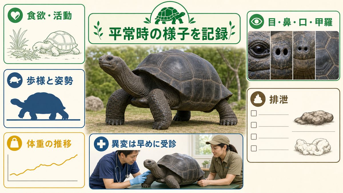 アルダブラゾウガメの食欲・歩様・体重・目鼻口・甲羅・排泄を記録し早期受診につなぐ健康観察図