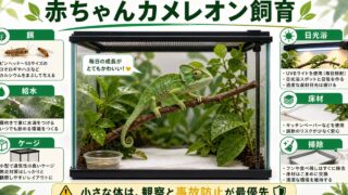 【カメレオンの赤ちゃん飼育】餌の種類や与え方・ケージや日光浴、飼育方法について徹底解説！の要点を伝えるカメレオン・爬虫類記事アイキャッチ画像