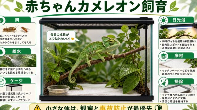 【カメレオンの赤ちゃん飼育】餌の種類や与え方・ケージや日光浴、飼育方法について徹底解説！の要点を伝えるカメレオン・爬虫類記事アイキャッチ画像