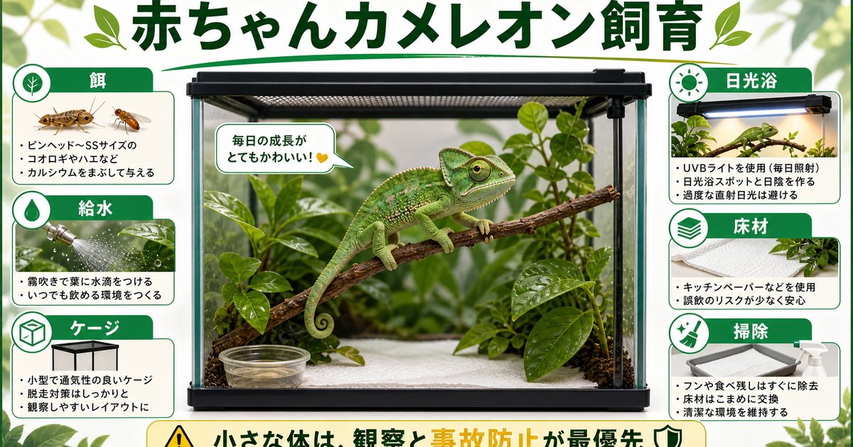 【カメレオンの赤ちゃん飼育】餌の種類や与え方・ケージや日光浴、飼育方法について徹底解説！の要点を伝えるカメレオン・爬虫類記事アイキャッチ画像