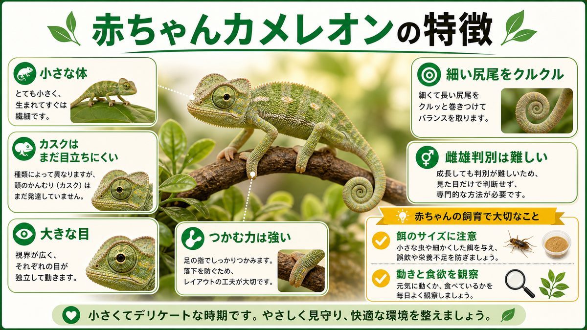 ちんまり可愛い！赤ちゃんカメレオンの特徴解説！の要点をまとめたカメレオン・爬虫類飼育インフォグラフィック