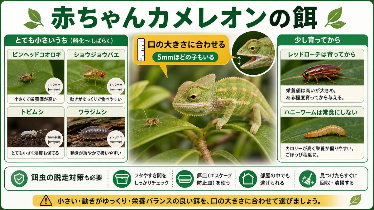 いっぱいお食べ！赤ちゃんカメレオンに与える餌を解説！の要点をまとめたカメレオン・爬虫類飼育インフォグラフィック