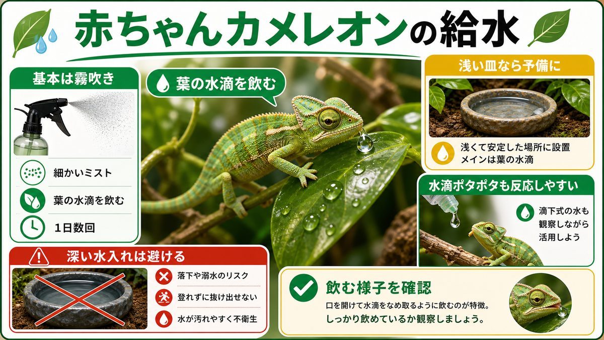 意外と事故が多い！赤ちゃんカメレオンの給水を解説！の要点をまとめたカメレオン・爬虫類飼育インフォグラフィック