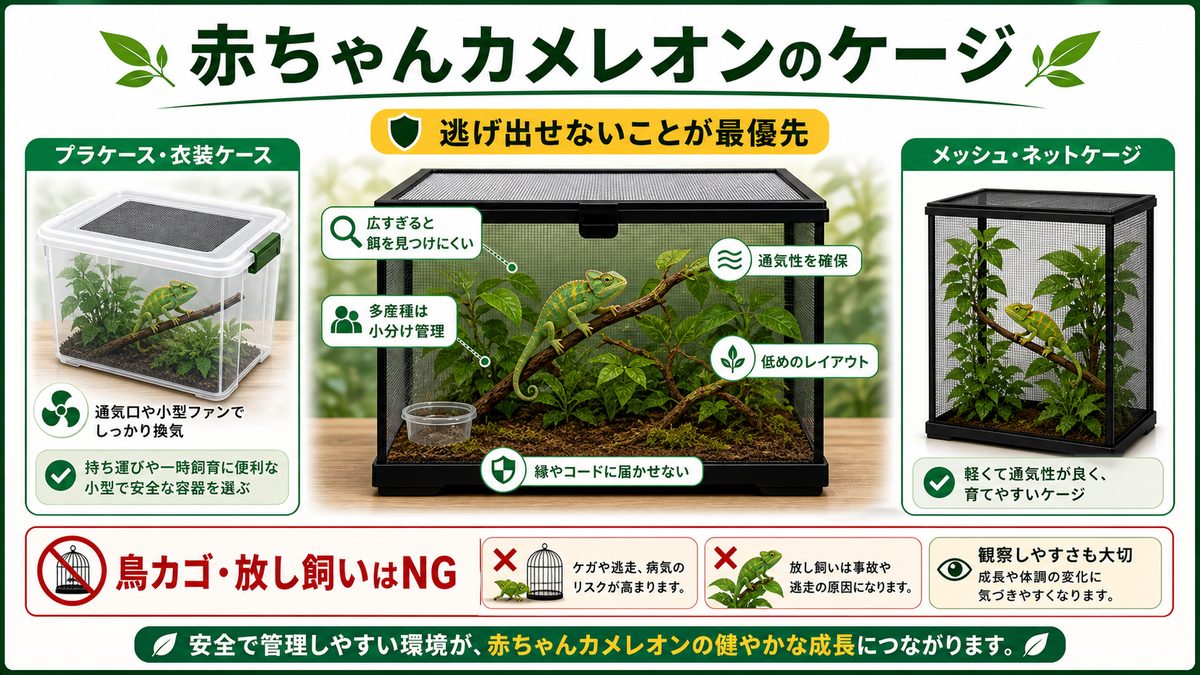 どんな住まいが良い？赤ちゃんカメレオンのケージを解説！の要点をまとめたカメレオン・爬虫類飼育インフォグラフィック