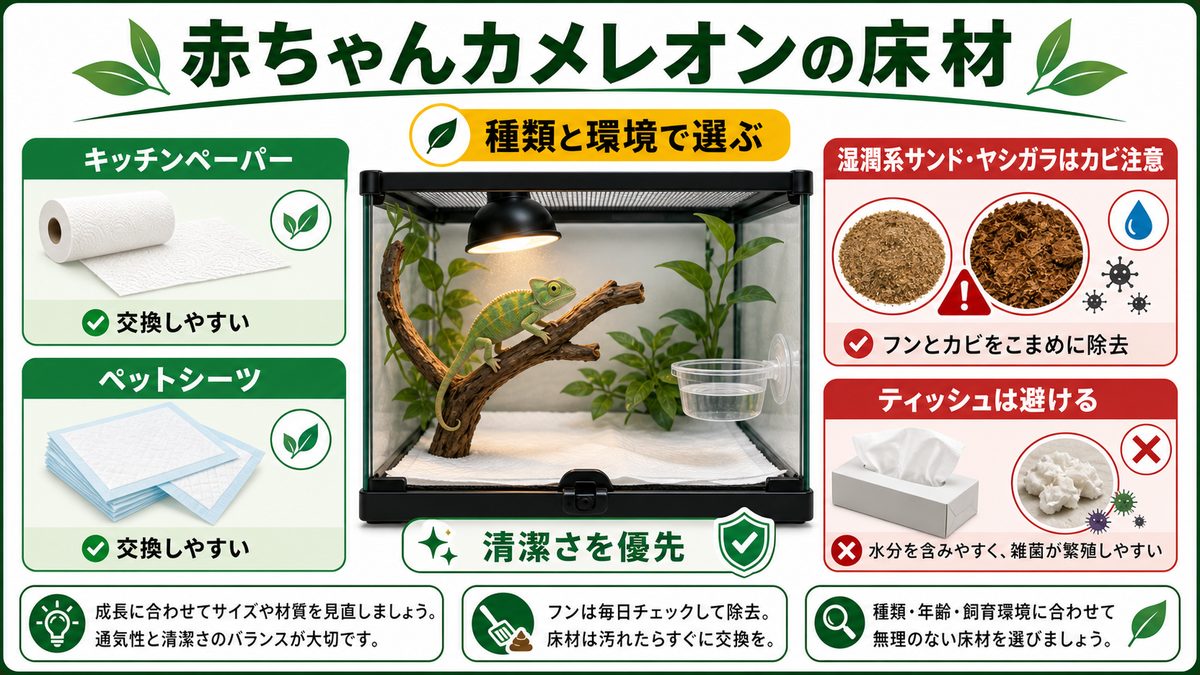 床はどうする？赤ちゃんカメレオンの床材についての要点をまとめたカメレオン・爬虫類飼育インフォグラフィック