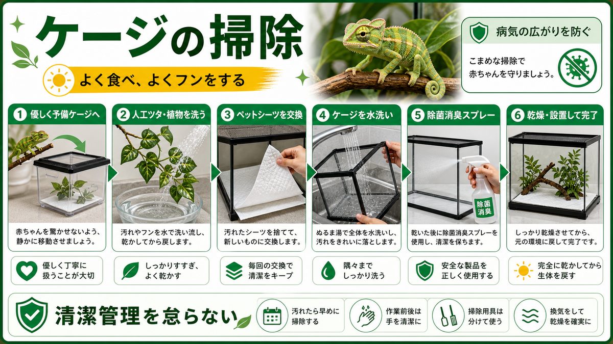 赤ちゃんカメレオンのケージの掃除についての要点をまとめたカメレオン・爬虫類飼育インフォグラフィック