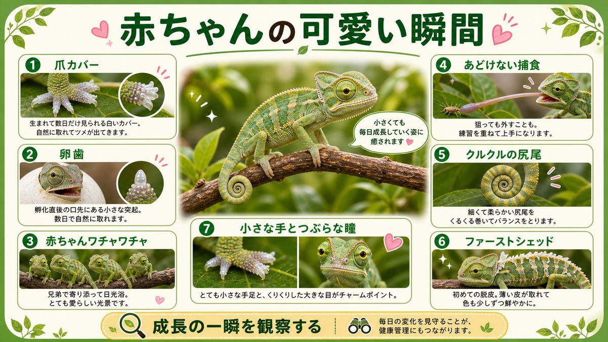 ちんまり可愛い！赤ちゃんの可愛い瞬間についての要点をまとめたカメレオン・爬虫類飼育インフォグラフィック