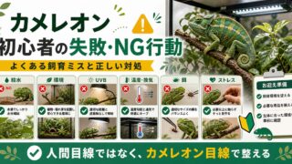 カメレオン初心者がやりがちな失敗・NG行動完全ガイド｜よくある飼育ミスと正しい対処を徹底解説の要点を伝えるカメレオン・爬虫類記事アイキャッチ画像