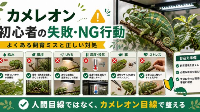 カメレオン初心者がやりがちな失敗・NG行動完全ガイド｜よくある飼育ミスと正しい対処を徹底解説の要点を伝えるカメレオン・爬虫類記事アイキャッチ画像