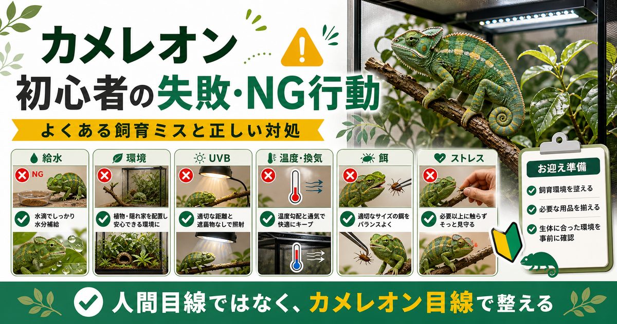 カメレオン初心者がやりがちな失敗・NG行動完全ガイド｜よくある飼育ミスと正しい対処を徹底解説の要点を伝えるカメレオン・爬虫類記事アイキャッチ画像