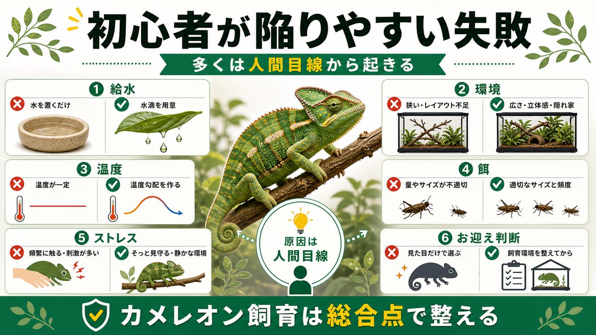 カメレオン初心者が陥りやすい失敗の全体像の要点をまとめたカメレオン・爬虫類飼育インフォグラフィック