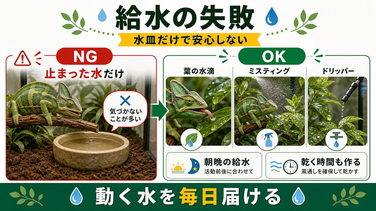 給水の失敗(水を飲まない問題)の要点をまとめたカメレオン・爬虫類飼育インフォグラフィック