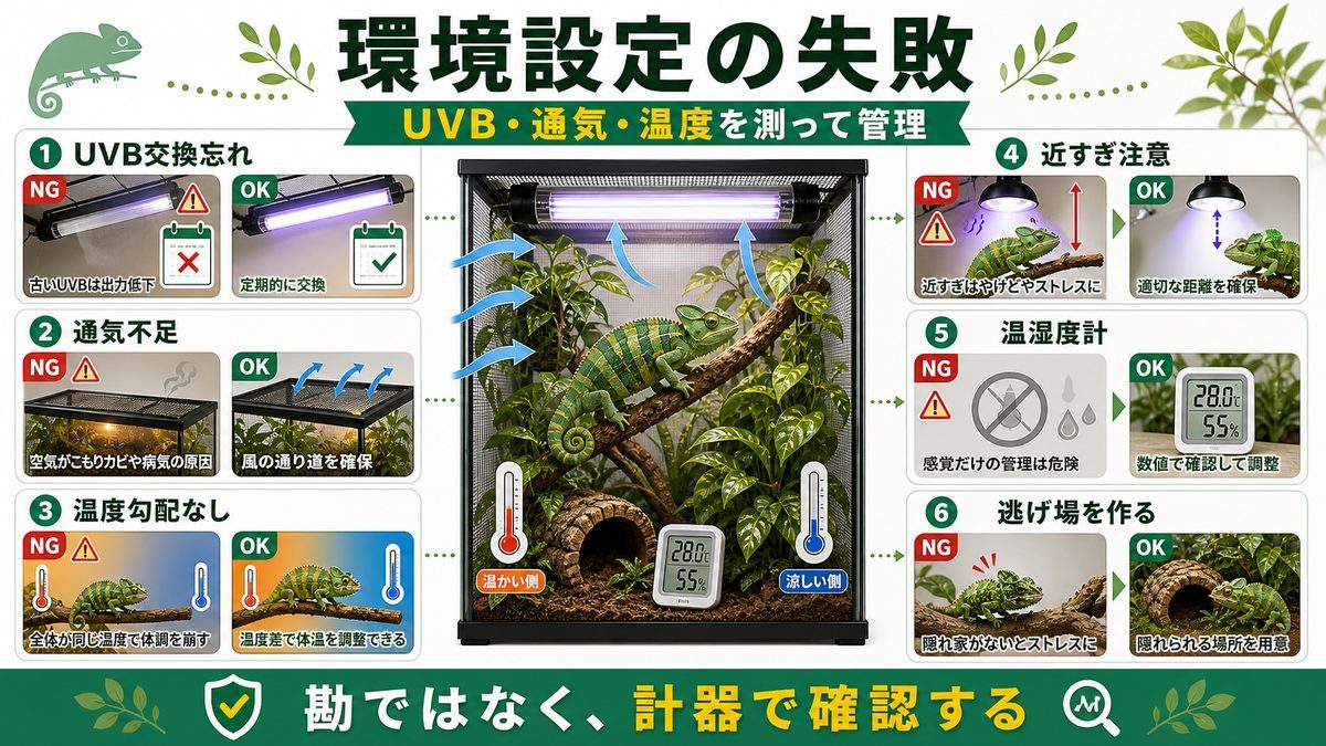 環境設定の失敗(UVB・通気・温度)の要点をまとめたカメレオン・爬虫類飼育インフォグラフィック