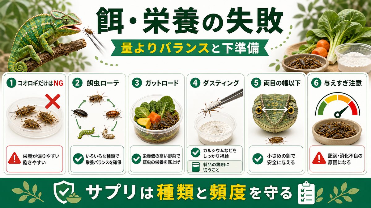 餌・栄養の失敗の要点をまとめたカメレオン・爬虫類飼育インフォグラフィック