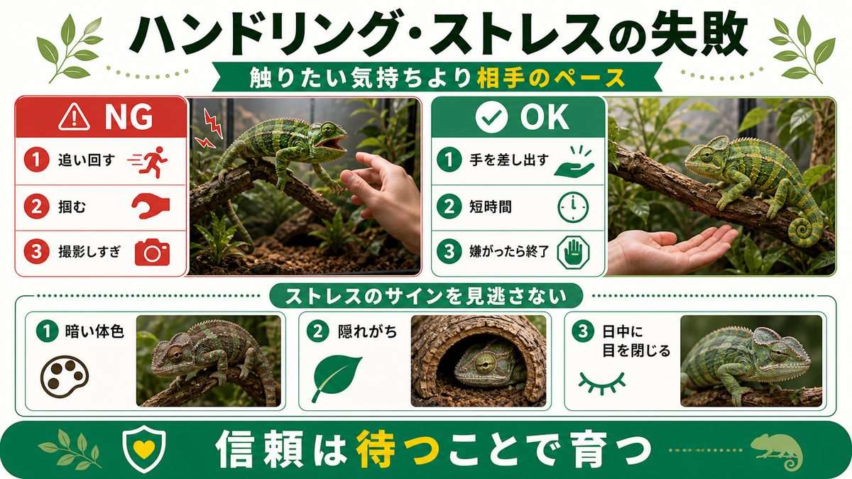 ハンドリング・ストレスの失敗の要点をまとめたカメレオン・爬虫類飼育インフォグラフィック