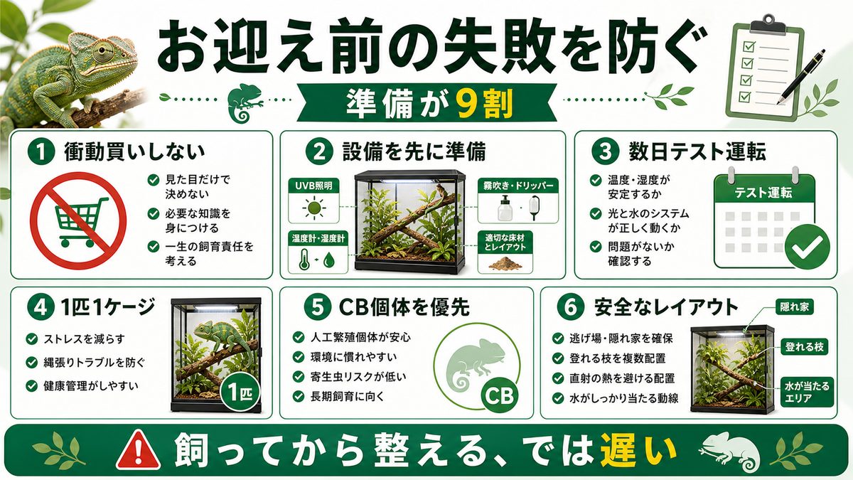 お迎え前・飼育判断の失敗を防ぐの要点をまとめたカメレオン・爬虫類飼育インフォグラフィック