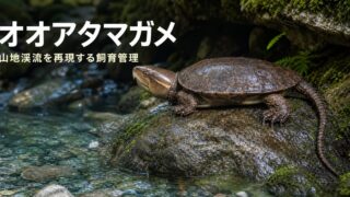 山地の渓流で大きな頭と長い尾を見せるオオアタマガメの飼育ガイド