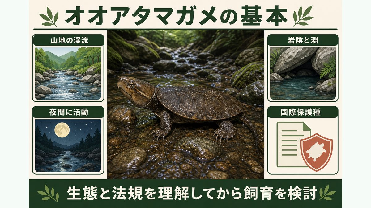 山地の渓流、岩陰と淵、夜行性、国際保護種というオオアタマガメの基本生態