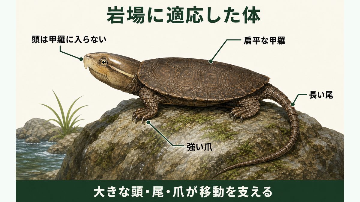 頭が甲羅に入らない形、扁平な甲羅、長い尾、強い爪を示すオオアタマガメの形態