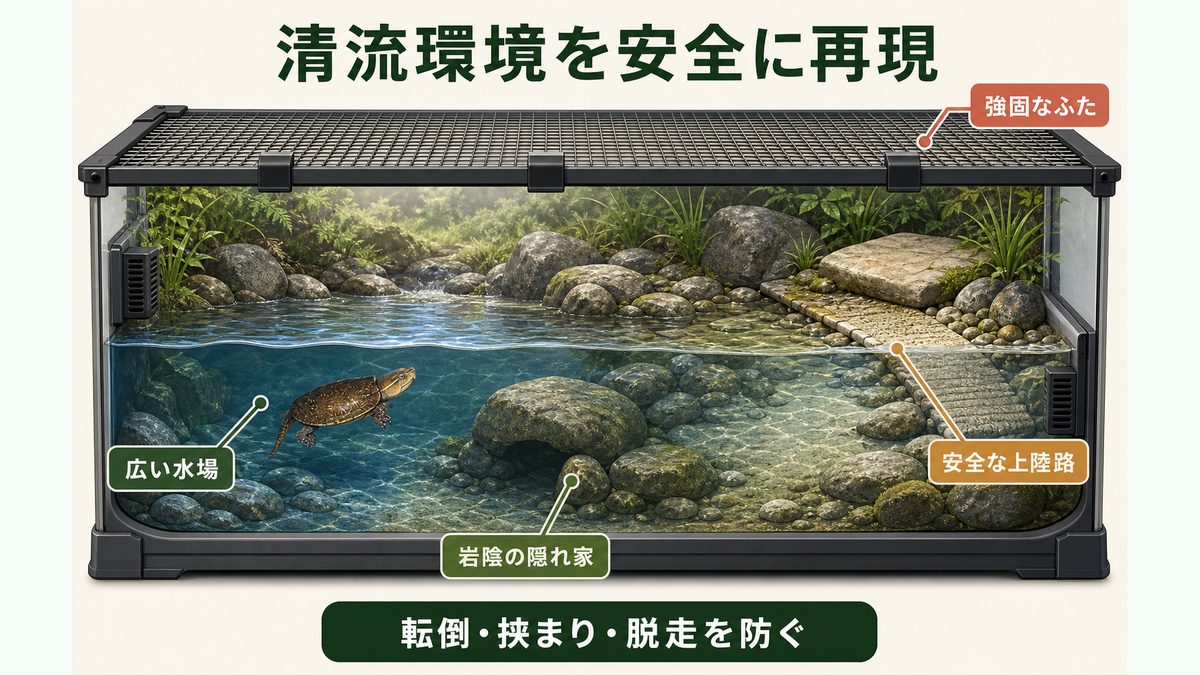 広い水場、岩陰の隠れ家、安全な上陸路、強固なふたを備えたオオアタマガメの飼育環境