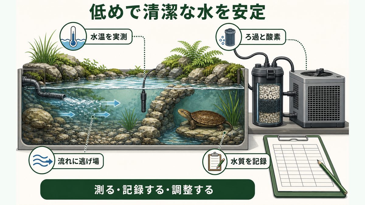 水温計、外部ろ過、酸素供給、穏やかな逃げ場、水質記録を組み合わせた流水環境