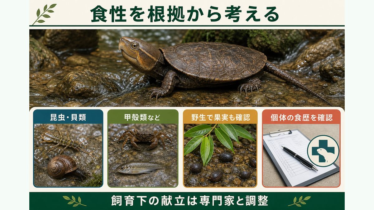 昆虫、貝類、甲殻類、魚類、野生の果実利用を示すオオアタマガメの食性